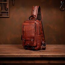 Men's Genuine Leather Chest Bag, Vintage Sling Crossbody Backpack, Cowhi... - $160.00