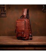 Men's Genuine Leather Chest Bag, Vintage Sling Crossbody Backpack, Cowhi... - $160.00