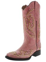 Womens Pink Western Cowboy Boots Silver Studs Stitched Square Toe Size 5.5 - £64.24 GBP