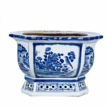 Blue and White Octagonal Floral Patterned Porcelain Planter - $415.79