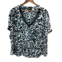 Lane Bryant Top Womens 18/20 Black Gray Leopard Sheer Beaded V-Neck Short Sleeve - £13.65 GBP