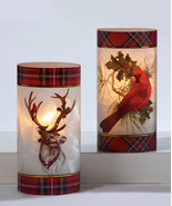 Christmas Candle Holder Hurricane 7.8&quot; High Red Plaid Cardinal or Reindeer - £23.53 GBP