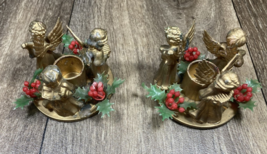 Vintage Gold Plastic Christmas Holiday Musical Angel Candleholder Set Ho... - $9.99
