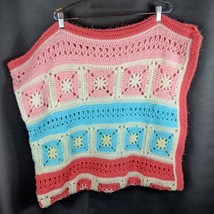 Pink White Afghan Blanket Roseanne Throw (62x54) Blue Granny Square - $46.33