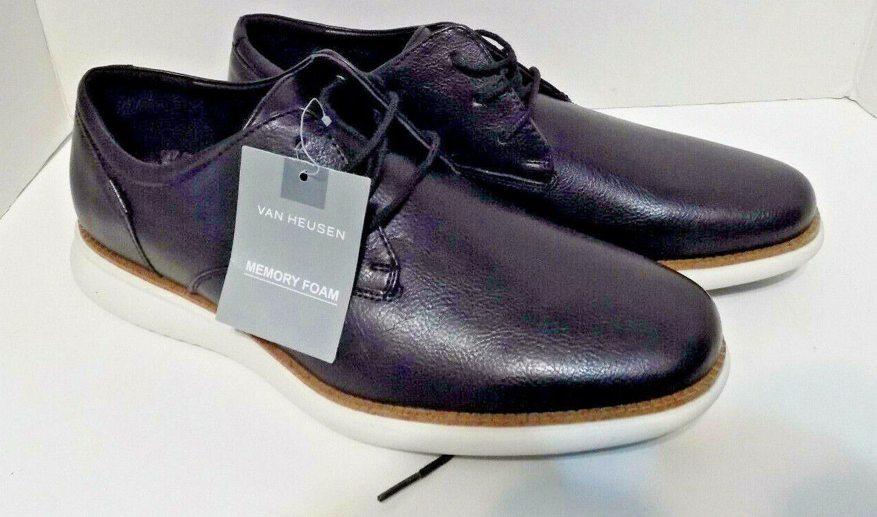 New Van Heusen Black Dress Shoes Man Made Uppers Men's Foam White Sole Size 9.5 - £29.14 GBP
