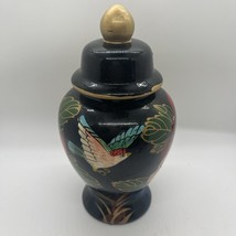 Vintage Hand Painted Japanese Floral and Bird Black/Gold Porcelain Ginger Jar 8” - £19.74 GBP