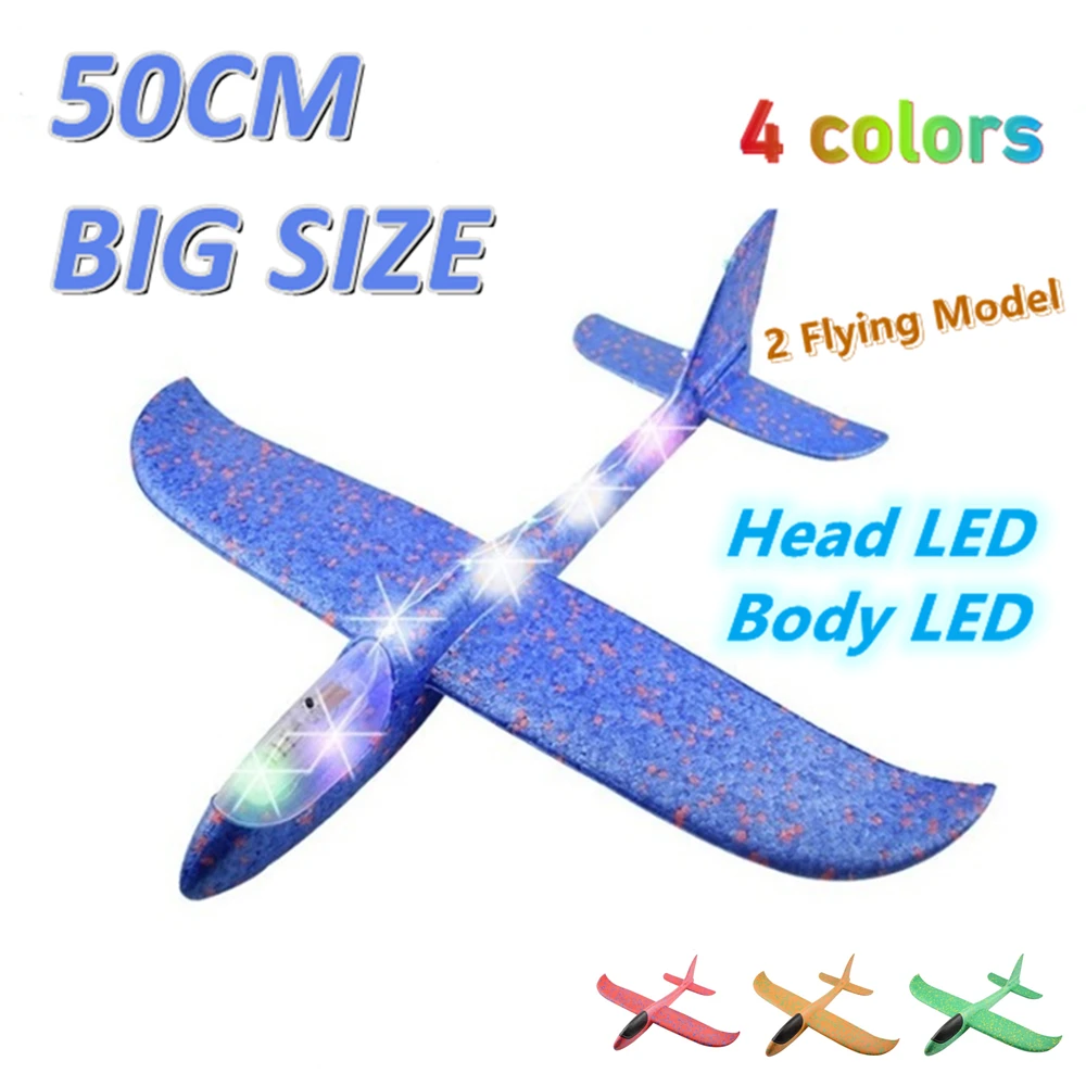 50CM Big Foam Plane Flying Glider Toy With LED Light Hand Throw Airplane Outdoor - £8.45 GBP+