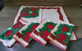 Vintage Christmas Linen Napkins Set Of 5 Border Ribbon Poinsettia Corner... - £18.49 GBP