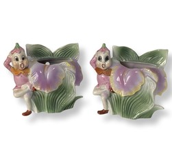 Vintage 2 Pixie Elf &amp; Iris Ceramic Wall Pockets Planter Vase Royal Sealy Japan - £23.75 GBP