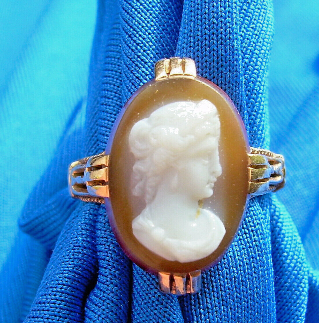 Antique Victorian Deco Ring Fine Intaglio Carnelion Cameo Solid 14k Rose... - $945.25
