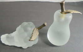 Set of 2 Vintage Frosted White Glass Fruit Pear and Grapes Gold Stem Home Decor - £14.73 GBP