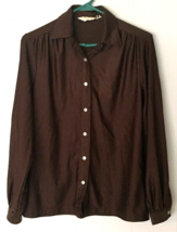vintage 70&#39;s blouse M button close brown long sleeve by Shirtique silky feel - £12.67 GBP