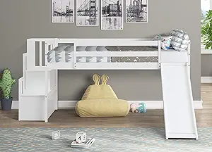 Twin Loft Bed With Slide Staircase Storage,Full-Length Safety Guardrails... - $604.99