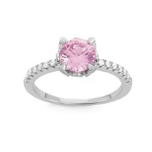 Sterling Silver CZ Band with Center Round Pink CZ Engagement Ring - £24.41 GBP