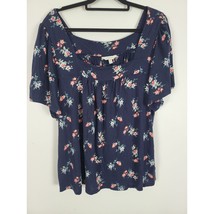 Lucky Top XXL Womens Plus Size Blue Floral Square Neck Short Sleeve Pullover - £21.22 GBP