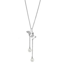 Rhodium Plated Double Butterfly CZ Pendant Pearl Tassel Y Drop Necklace 16&quot; - £52.40 GBP