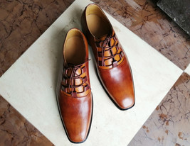 New Handmade Men's Lace Up Derby Shoes, Men's Tan Color Leather Casual S... - $143.99