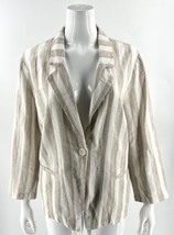 Chicos Blazer Size Large / 2 Tan Cream Striped One Button Linen Blend Wo... - $33.66