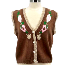 Pretty POL Brown Knit Vest, with Flowers and Buttons, M - New w/tags - £22.76 GBP