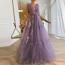 Elegant Lavender Tiered Tulle Long Prom Dresses 2021 A Line Fitted Boning 3D Flo - £319.67 GBP