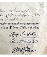 Seven Point Child Award Health Certificate 1945 Guilford Maine Official ... - $468.48 MXN