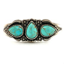 Vintage Sterling Signed Carol Felley Turquoise Stone Flower Cuff Bracelet 6 1/4 - £146.40 GBP