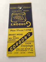 Vintage Matchbook Cover Matchcover Gordon’s Clothing Pittsburgh PA - £1.64 GBP