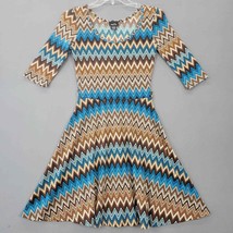 rue21 Womens Dress Size S Brown Blue Midi Stretch Chevron Fit Flare Casu... - $12.24