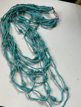 Long Multistrand Tiny Turquoise Round Plastic &amp; Barrel Glass w Silvertone Spacer - £10.35 GBP