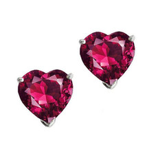 3Ct Heart Simulated Ruby 14K White Gold Plated Silver Solitaire Stud Earrings - £29.45 GBP