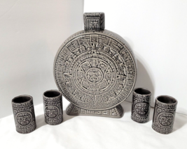 Vtg 5 pc Set Tiki Aztec Mayan Design Decanter w/ 4 Shot Glasses Gray Cer... - £87.08 GBP