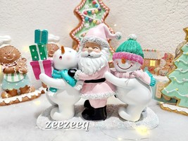 Christmas Pastel Pink Santa Clause &amp; Snowman Trio Figurine Statue Decor - $38.60