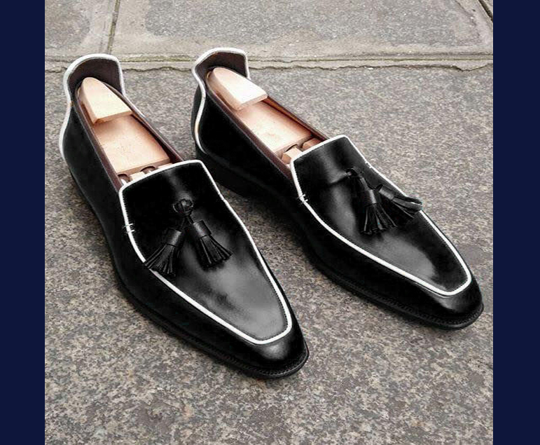 Men's Tassel Shoes Loafer Slips On Real Black Leather White Lining Handmade