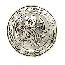 Vintage Signed Sterling Silver GC Carved Bird Symbol Aztec Warrior Round Brooch - £58.38 GBP