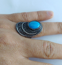 Ring Filigree Silver Turquoise Vintage Sterling Size 925 Blue Stone Women Gift - £34.23 GBP