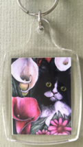 Small Cat Art Keychain - Black and White Cat with Calla Lilies - $8.00