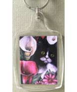 Small Cat Art Keychain - Black and White Cat with Calla Lilies - £6.49 GBP