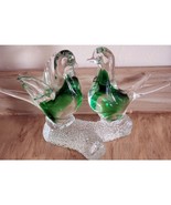 Vintage Art Glass Dove Love Birds on Branch Sculpture Emerald &amp; Clear Be... - $31.49