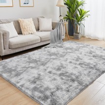 Fuzzy Shag Area Rug, 4 X 6 Tie-Dyed Light Grey Bedroom Rugs,, Kitchen Décor. - £30.85 GBP