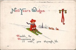 New Years Wishes Adorable Child Sledding Bergman 1913 Concord NH Postcard V5 - £5.55 GBP