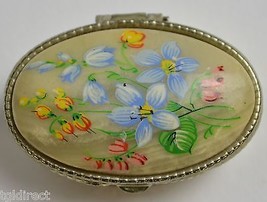 Vintage Trinket Box With Jade Top &amp; Metal Base Hand Painted Floral Patte... - $29.02