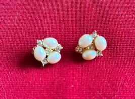 Vtg Richelieu Faux Pearl Leaf Earrings Rhinestones Gold Tone Clip On Sig... - $14.68