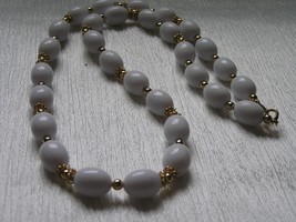 Vintage Trifari Signed Long White Oval Plastic w Goldtone Spacer Beads Necklace - £7.58 GBP