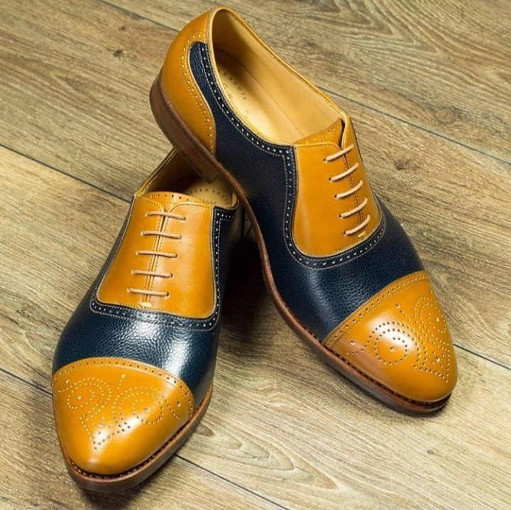 Oxford Shoes Two Tone Blue Tan Brogue Cap Toe Premium Quality Leather Handmade