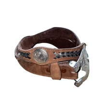 Vintage Brown Leather Silver Buckle Braided Bohemian Western Belt - $37.10