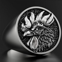 Rooster Cock bird Chicken Signet Ring oxidized 925 silver rider biker gift - £91.11 GBP