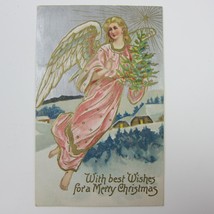 Christmas Postcard Angel Holds Tree Snowy Houses Silver &amp; Gold Embossed Antique - £11.72 GBP