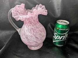 Fenton Pink White Spatter Glass Pitcher Ewer Threaded Handle Ruffled Rim 9 - $71.72