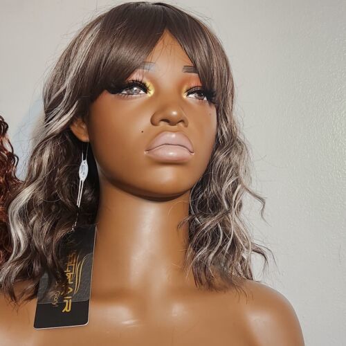 Primary image for AISI HAIR Brown With White Highlights Wig with Bangs for Women Shoulder...