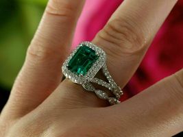 4ct Green Simulated Emerald Bridal Set Ring Vintage Band 14k White Gold Plated - £134.07 GBP
